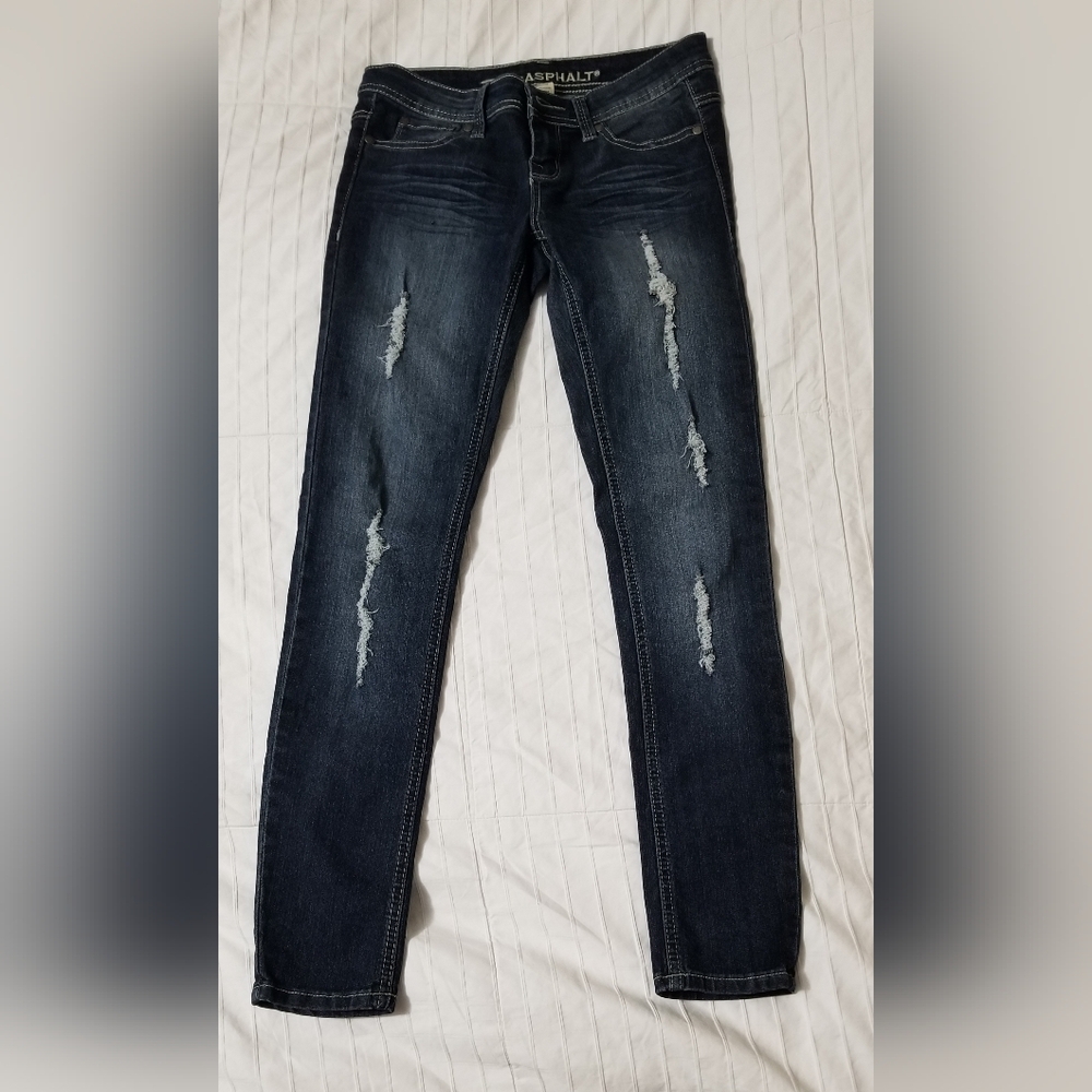Blue Asphalt Skinny Blue Jeans with Distressed Details